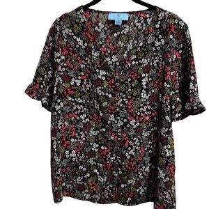 CeCe Sleeve Ruffled V-Neck Blouse Flowers Medium Like new worn once